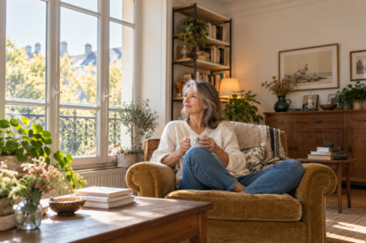 Une femme d’environ 60 ans profite d’un moment de calme chez elle, près d’une fenêtre.