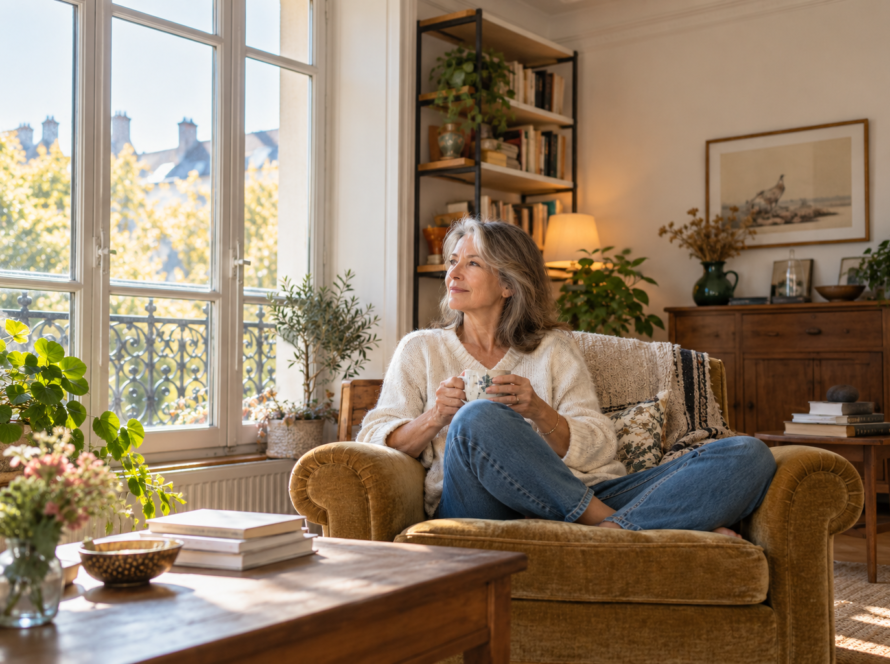 Une femme d’environ 60 ans profite d’un moment de calme chez elle, près d’une fenêtre.